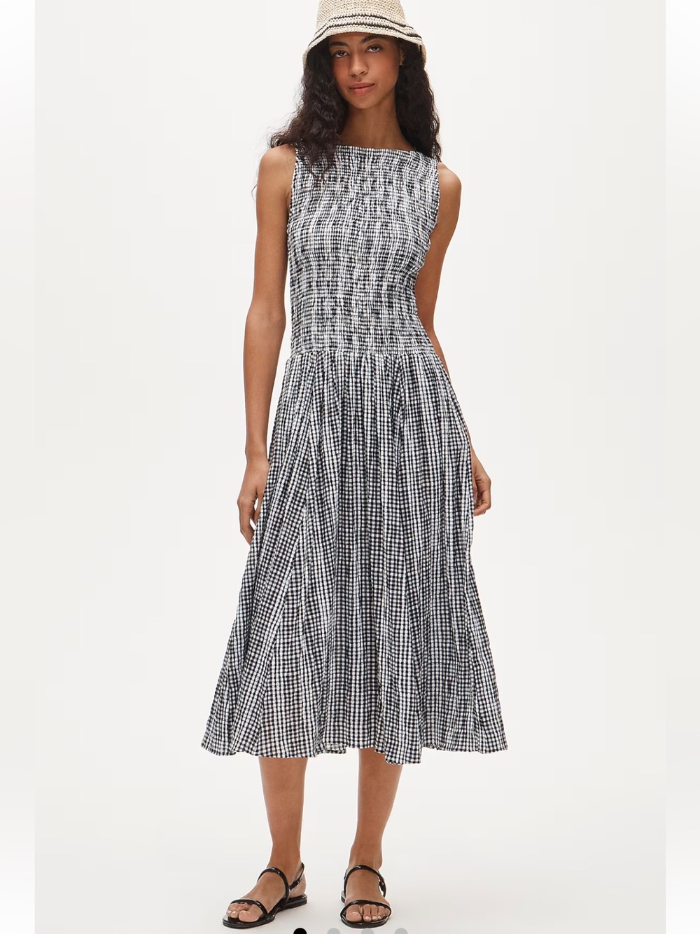 NWT J.Crew Lina Midi Dress Smocked Gingham Black White Size XS Petite Cotton